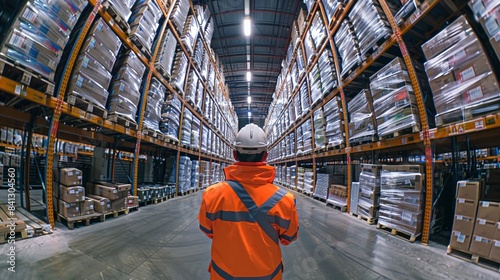 Worker in warehouse inspecting shelves with products photo