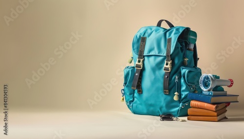 Aquamarine backpack with scuba diving gear and marine biology texts, photo