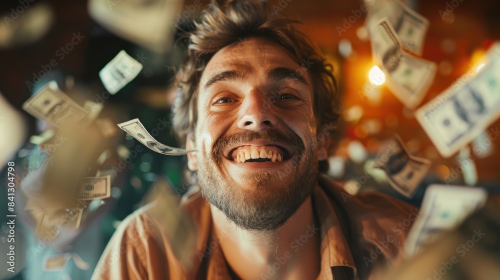 A close-up of a man beaming with happiness as money floats around him. His face radiates joy, eyes twinkling with excitement as bills and coins hover in the air. The background is blurred, A close-up of a man beaming with happiness as money floats around him. His face radiates joy, eyes twinkling with excitement as bills and coins hover in the air. The background is blurred,