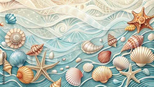 Artistic mural of seashells and ocean waves.