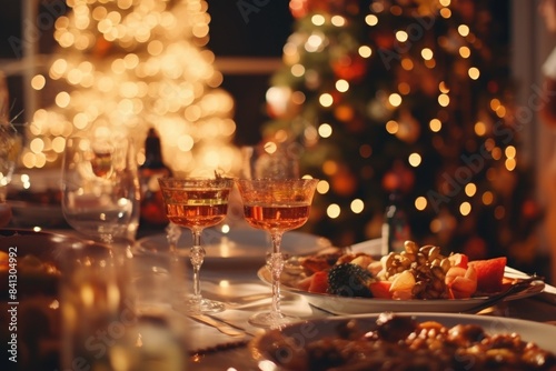 A table set for dinner with plates, glasses, and wine