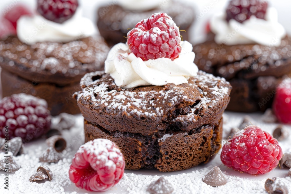 Delicious chocolate muffins with raspberries, beautifully presented in an elegant dessert setting