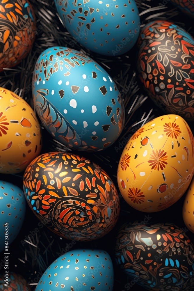 A collection of colorful painted eggs stacked on top of each other A collection of colorful painted eggs stacked on top of each other