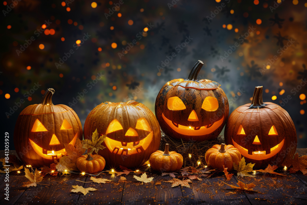 Halloween pumpkins grouped on a wooden table with autumn leaves and glowing lights in the style of Halloween background. Halloween pumpkins grouped on a wooden table with autumn leaves and glowing lights in the style of Halloween background.