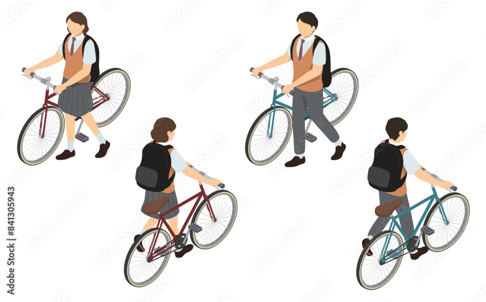 Fototapeta premium アイソメトリックイラスト：自転車を押す男女の高校生(夏服)