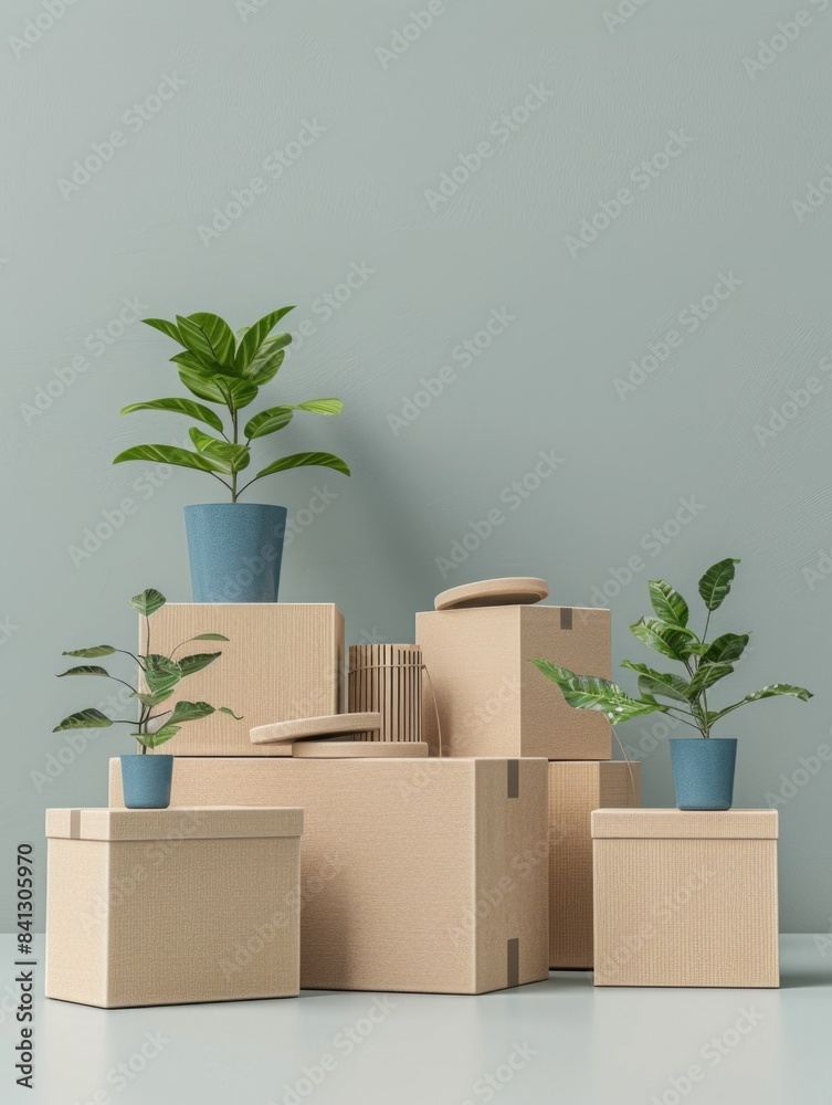 A pile of cardboard boxes filled with plants, ideal for repurposing or office decoration A pile of cardboard boxes filled with plants, ideal for repurposing or office decoration