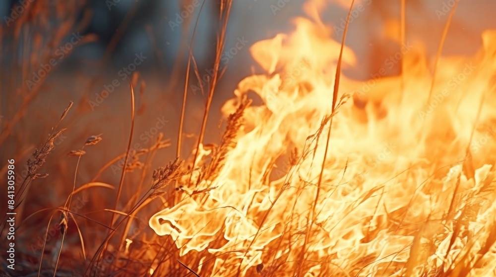 A close-up view of flames burning in a field, with dry grass and earth surrounding the inferno A close-up view of flames burning in a field, with dry grass and earth surrounding the inferno