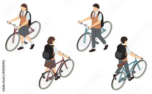 アイソメトリックイラスト：自転車を押す男女の高校生(夏服)