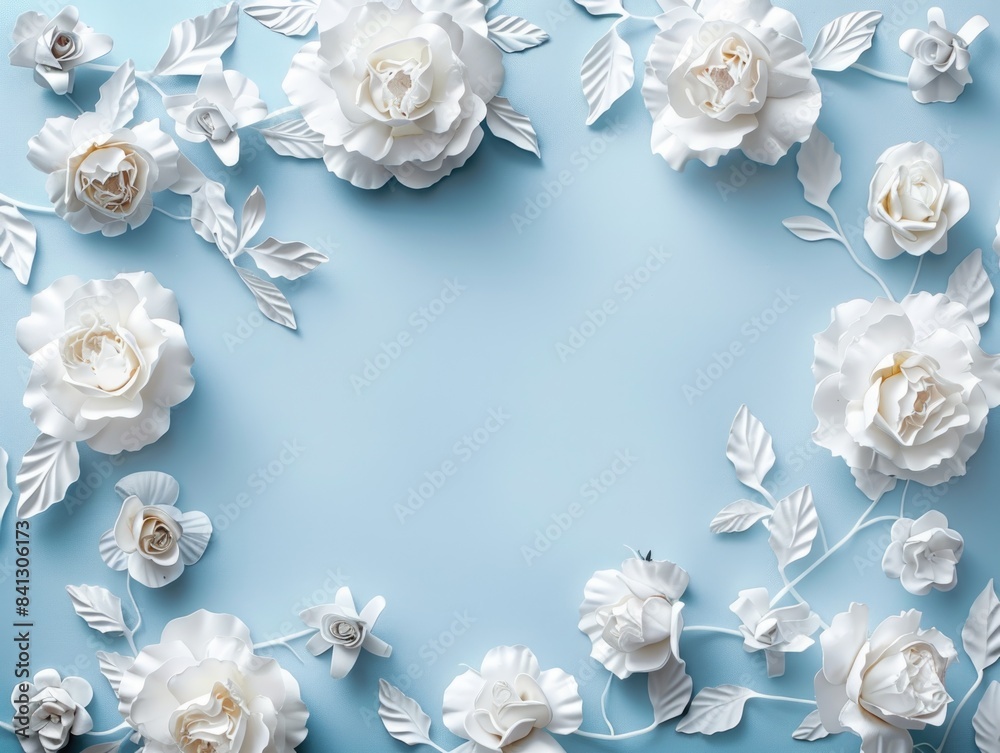 A close-up shot of white flowers and leaves on a blue background A close-up shot of white flowers and leaves on a blue background