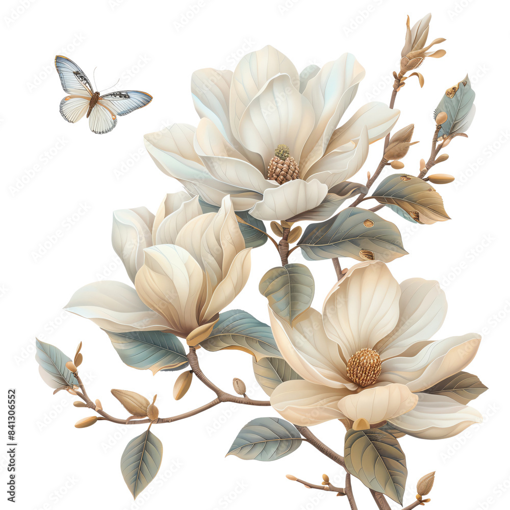 Obraz premium A delicate white butterfly flutters near a blooming magnolia flower with soft petals. The blossoms are surrounded by lush green leaves. Isolated on transparent background.