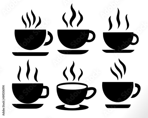 coffee cup vector icons set on white. coffee or tea cup icons with smoke isolated on white background. 