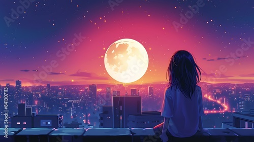 illustration beautiful and cute Lofi girl looking moon city wallapaper