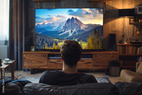 a man sitting on a couch watching a mountain scene on a tv
