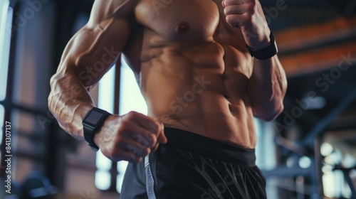 A close-up image of a muscular man wearing a smartwatch while standing in a gym. © Emiliia