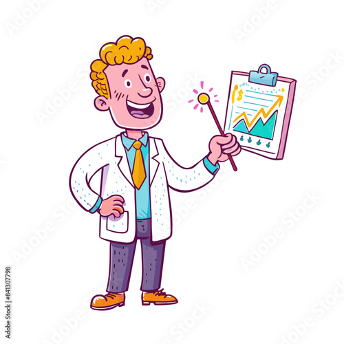 A statistics expert holding his hand, a graph chat. 