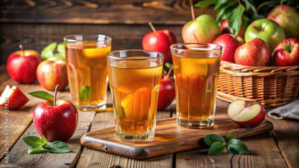 Glasses of apple cider with fresh apples on a wooden table. Glasses of apple cider with fresh apples on a wooden table.