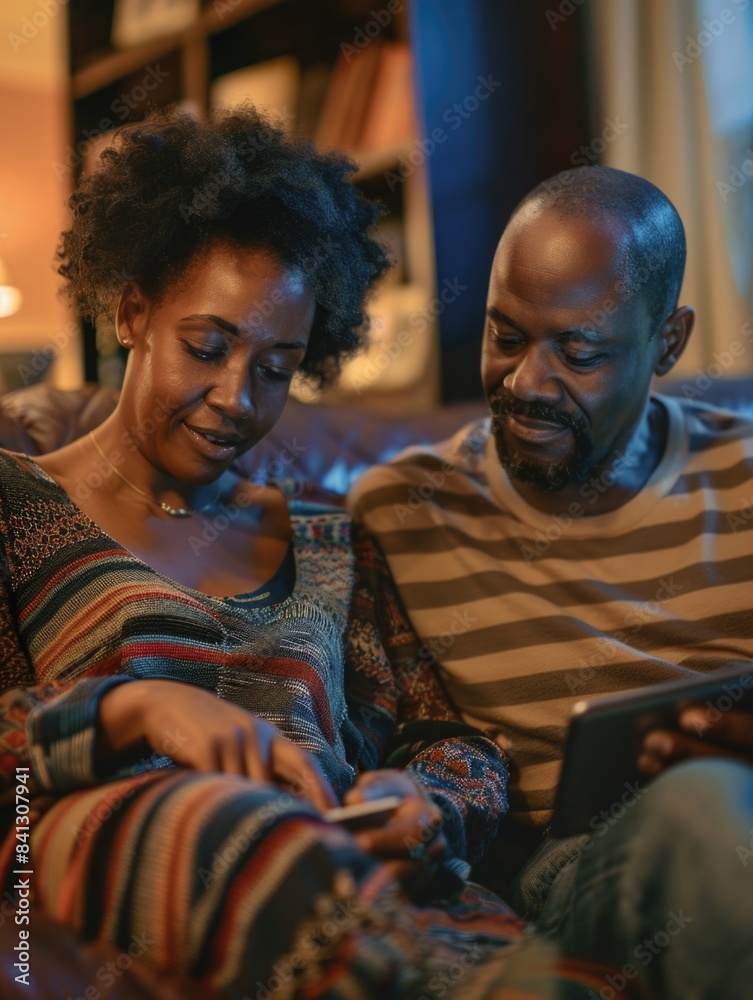 A couple sitting on a couch, both looking at a tablet, possibly browsing the internet or watching a video