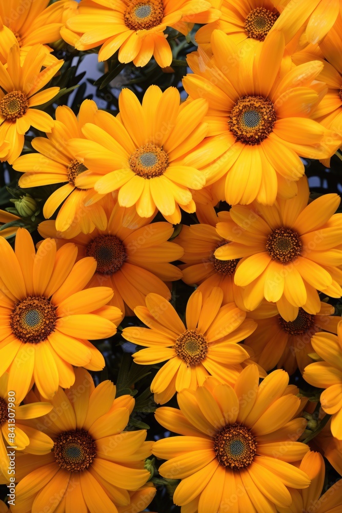 A close-up shot of bright yellow flowers with green leaves, often used in design and art projects A close-up shot of bright yellow flowers with green leaves, often used in design and art projects
