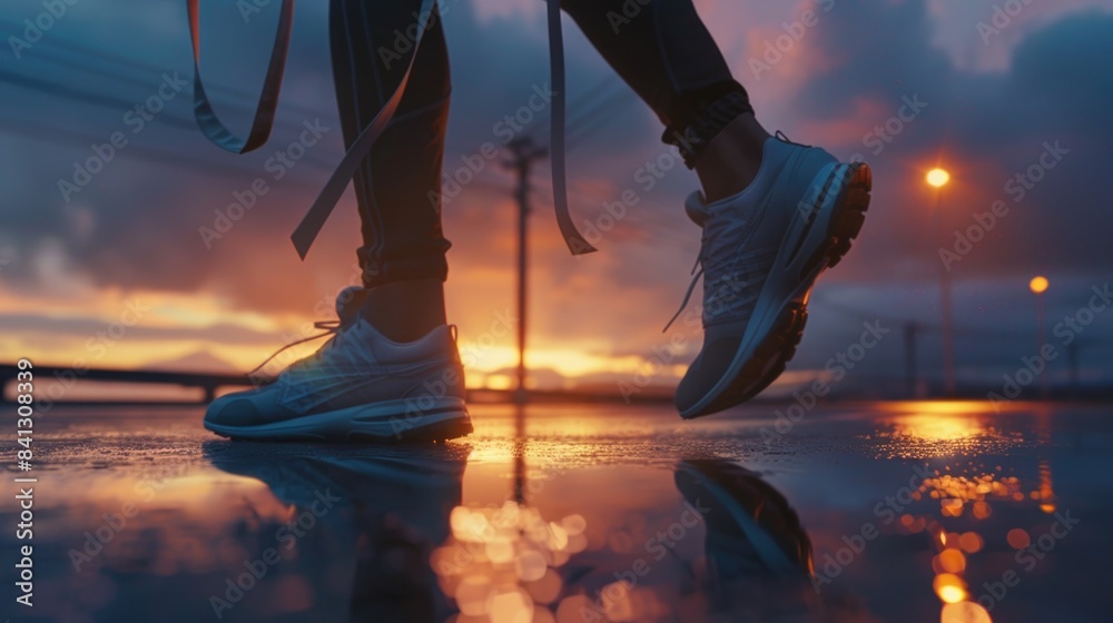 Fototapeta premium A person is walking on a wet surface as the sun sets in the background