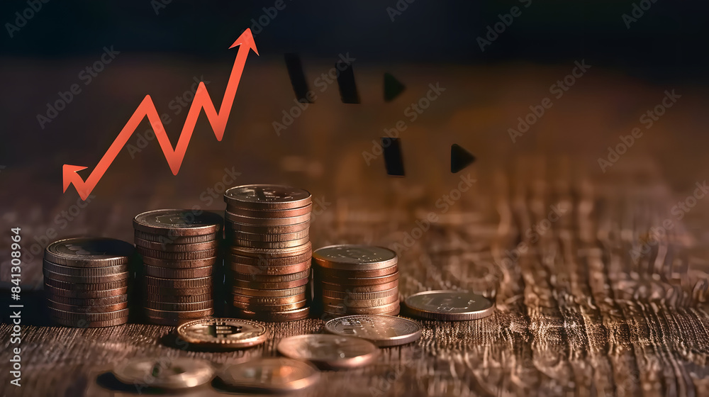 Stacks of coins with cashback symbols and arrow down signs on a wooden table background 