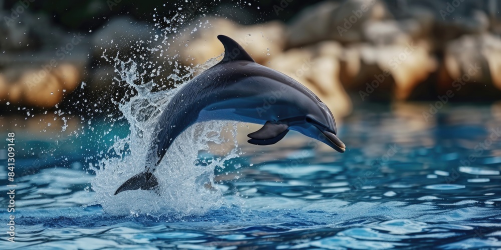 Obraz premium A dolphin leaping out of the ocean with spray and foam, ideal for use in aquatic or marine-related contexts