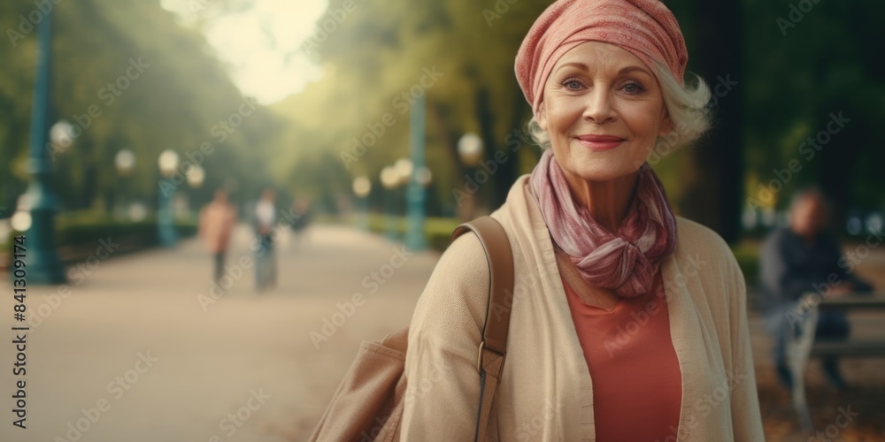 A woman wearing a pink scarf and carrying a brown bag, possibly on her way to work or school A woman wearing a pink scarf and carrying a brown bag, possibly on her way to work or school