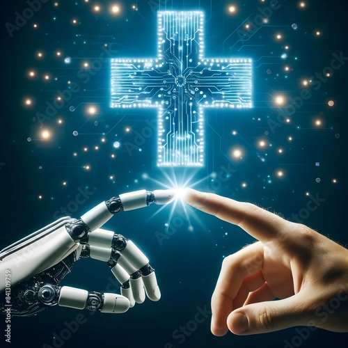 Robot hand and human hand touching with glowing cross in background. Futuristic digital art with circuit board elements. Artificial intelligence and healthcare concept