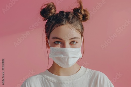 A person wearing a face mask and styling their hair in buns, possibly for medical or cultural reasons © vefimov