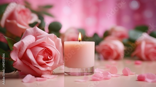 A simple yet elegant arrangement of a candle and pink roses on a table