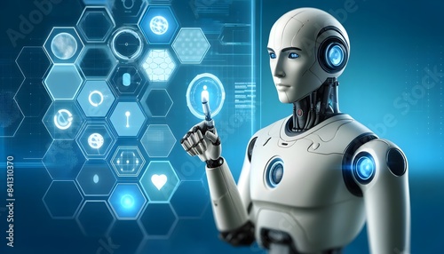 Robot operating holographic interface in high-tech factory. Futuristic digital art. Artificial intelligence and automation concept. Design for poster, banner, wallpaper.