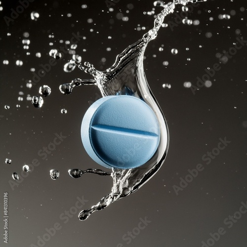**blaue runde transparente pille fliegt, wasser splash um sie herum, dynamisch, weisser hintergrund photo