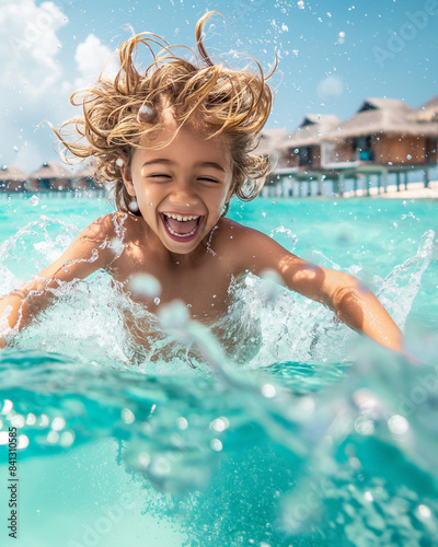 Cheerful young boy playing in turquoise sea by overwater bungalows. Concept of outdoor activities, family vacations and the spirit of adventure.