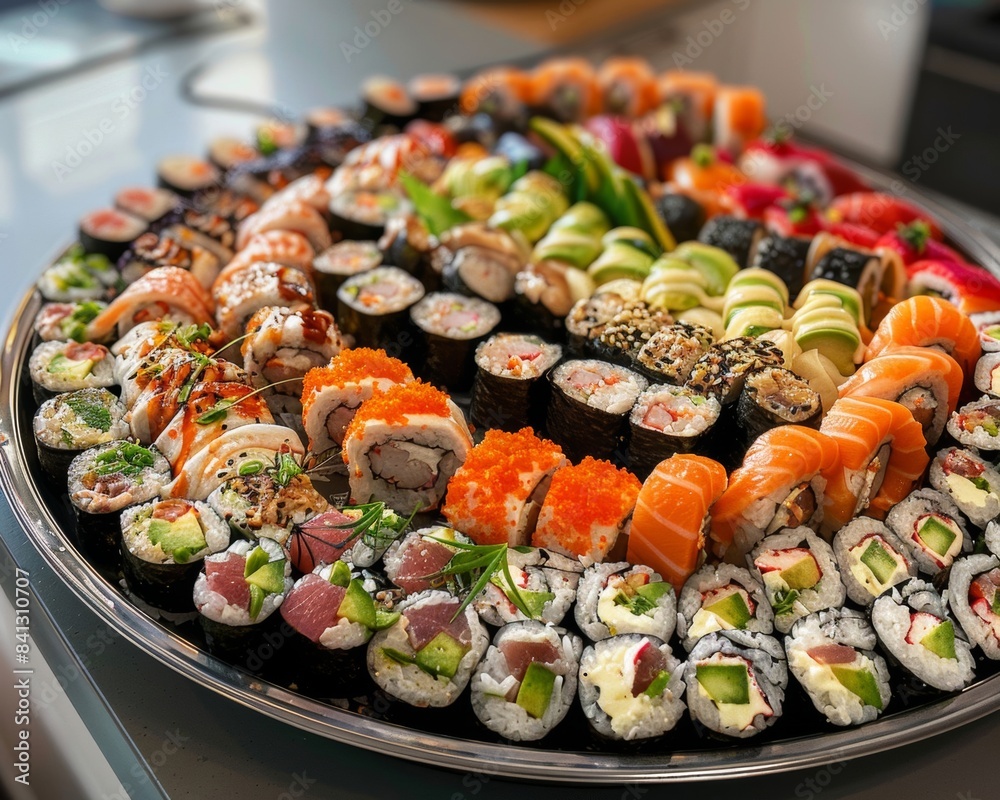 Elegant sushi plate with various rolls It is a complex and visually appealing dish that showcases the artistry of Japanese cuisine. Elegant sushi plate with various rolls It is a complex and visually appealing dish that showcases the artistry of Japanese cuisine.