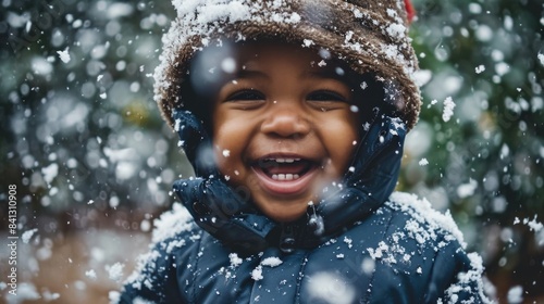 A happy young boy enjoying the snow, suitable for winter or holiday themes