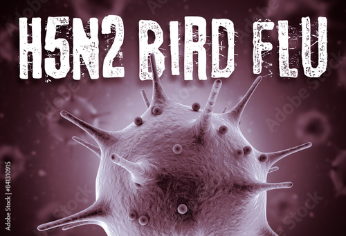 H5N2 Avian Influenza 3d render concept: Macro virus cell and A(H5N2) Bird Flu text in front of blurry virus cells floating on air. 