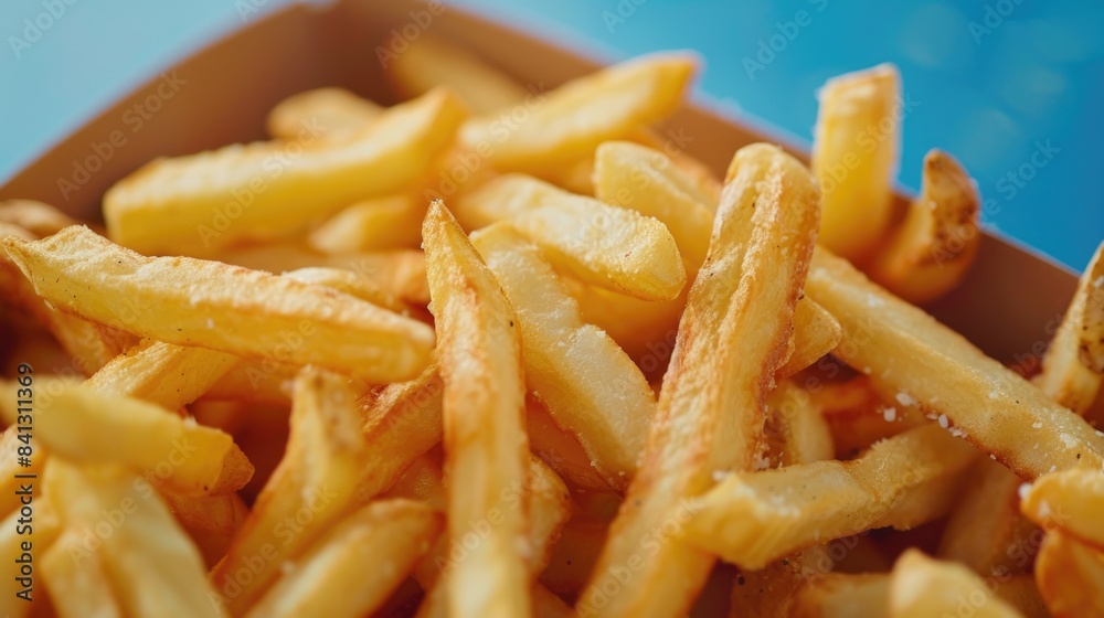 A box filled with French fries placed on a table, perfect for snacking or serving A box filled with French fries placed on a table, perfect for snacking or serving
