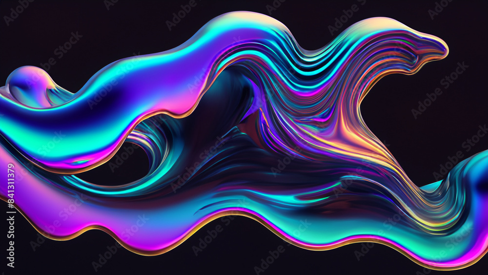 Fototapeta premium Wavy liquid blob shape with holographic colors on a black background art illustration design