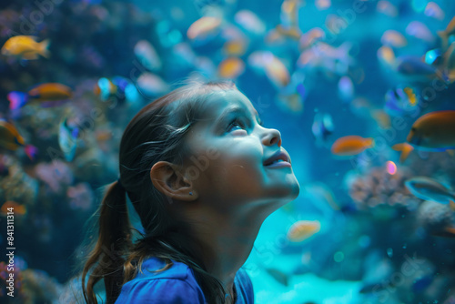 a little girl looking up at a fish tank