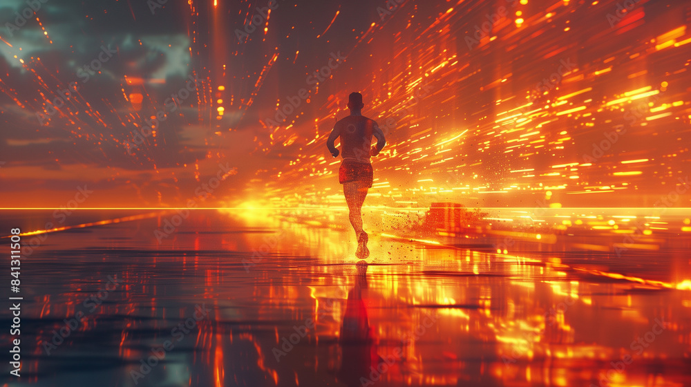 A person runs through a futuristic environment with vibrant glowing lights. A person runs through a futuristic environment with vibrant glowing lights.