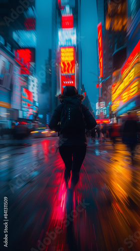 Person walking in vibrant cityscape with neon lights reflecting on wet pavement.