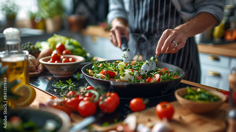 Man crafting a gourmet meal, with the focus on the food Man crafting a gourmet meal, with the focus on the food