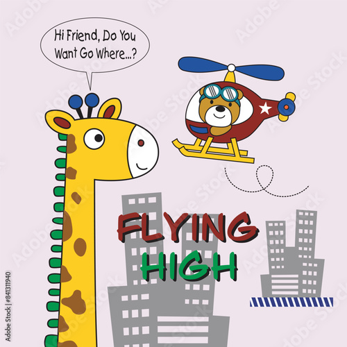 the bear rides in a helicopter in front of him a tall giraffe,design cartoon vector illustration