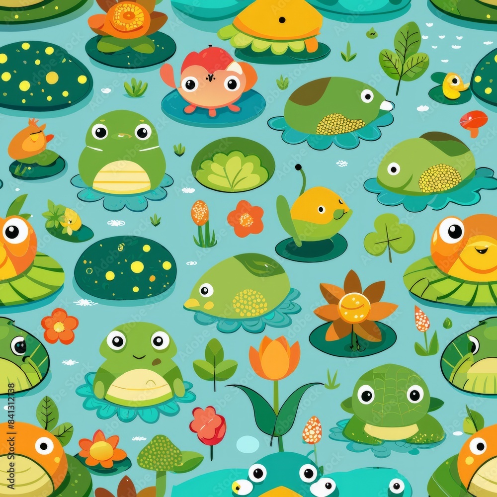Seamless pattern of cute turtles with tiny ponds and lily pads, Generative AI Seamless pattern of cute turtles with tiny ponds and lily pads, Generative AI