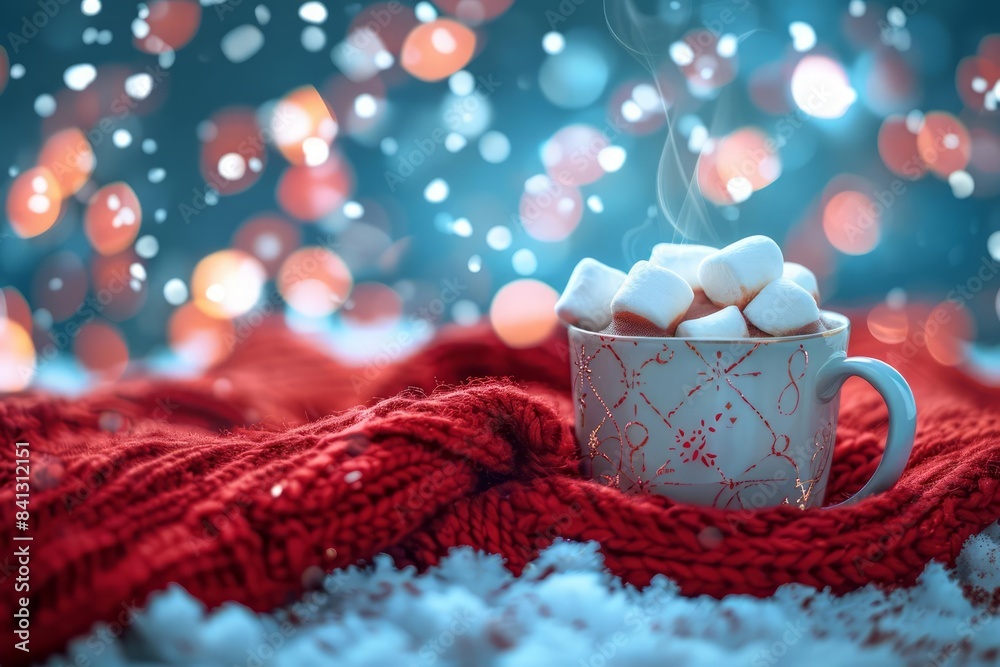 A futuristic steaming hot mug of hot chocolate with marshmallows placed on a vibrant red woolen scarf A futuristic steaming hot mug of hot chocolate with marshmallows placed on a vibrant red woolen scarf