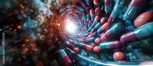 A hypnotic spiral of medication drawing towards a central point, illustrating the drive for breakthroughs in pharmaceutical science photo