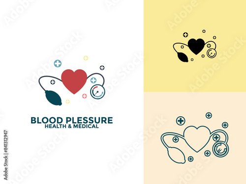 Blood pressure and healthcare logo and icon concept. Blood pressure meter and heart, vector flat style