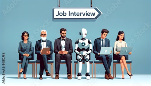 Robots and humans sitting in line for job interview. Digital illustration. Artificial intelligence in recruitment concept. Design for poster, banner, wallpaper.