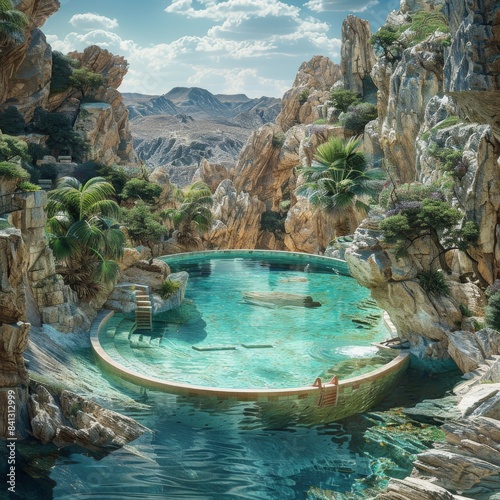 Un modelo chino se relaja en una piscina de agua cristalina rodeada de rocas en un oasis escondido en el desierto.