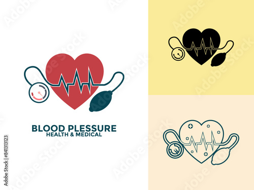 Blood pressure and healthcare logo and icon concept. Blood pressure meter and heart, vector flat style