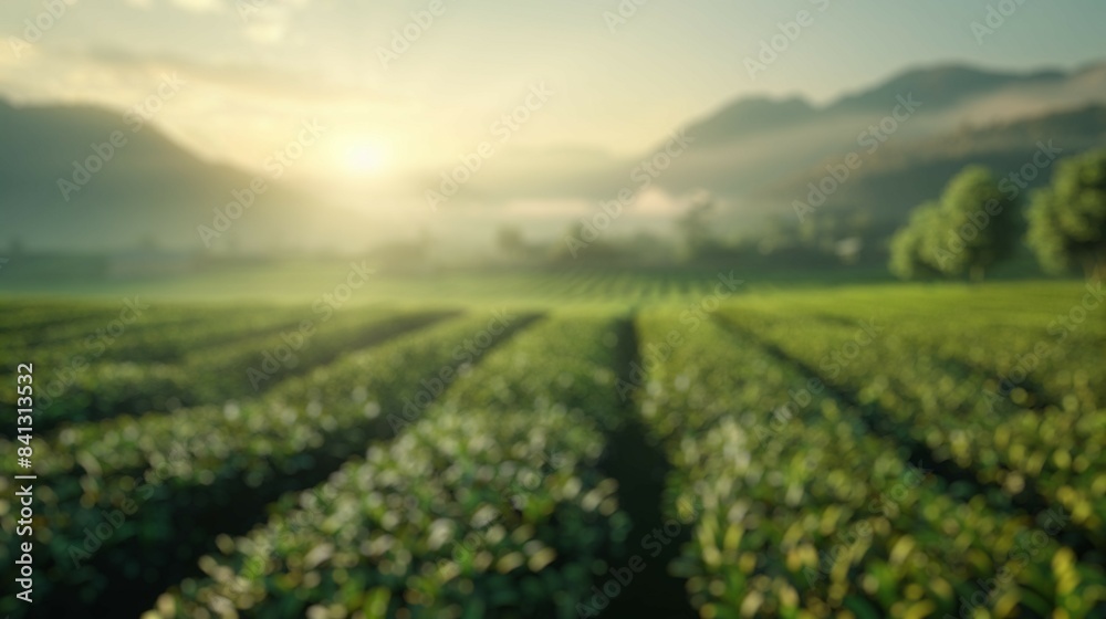 Blur background of vast tea plantation with lush green fields under a cloudy sky. Tea field concept. Landscape photography. Agricultural and eco-tourism concept. Design for travel brochure. Spate.